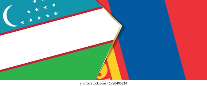 Uzbekistan and Mongolia flags, two vector flags symbol of relationship or confrontation.