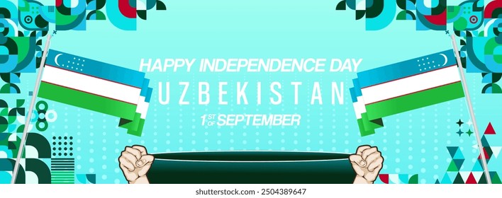 Uzbekistan National Day banner in modern geometric style. Wide background for national holiday with country flag and text. 1st September. Happy Independence Day of the Republic of Uzbekistan