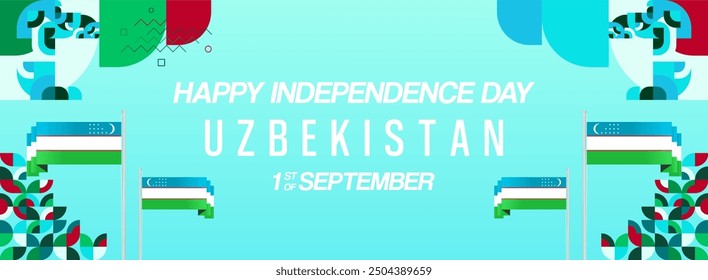 Uzbekistan National Day banner in modern geometric style. Wide background for national holiday with country flag and text. 1st September. Happy Independence Day of the Republic of Uzbekistan