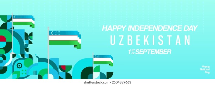 Uzbekistan National Day banner in modern geometric style. Wide background for national holiday with country flag and text. 1st September. Happy Independence Day of the Republic of Uzbekistan
