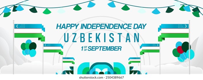 Uzbekistan National Day banner in modern geometric style. Wide background for national holiday with country flag and text. 1st September. Happy Independence Day of the Republic of Uzbekistan