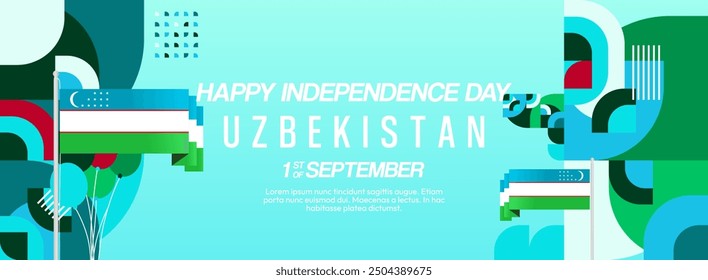 Uzbekistan National Day banner in modern geometric style. Wide background for national holiday with country flag and text. 1st September. Happy Independence Day of the Republic of Uzbekistan