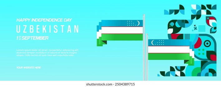 Uzbekistan National Day banner in modern geometric style. Wide background for national holiday with country flag and text. 1st September. Happy Independence Day of the Republic of Uzbekistan