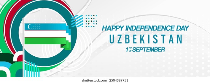 Uzbekistan National Day banner in modern geometric style. Wide background for national holiday with country flag and text. 1st September. Happy Independence Day of the Republic of Uzbekistan