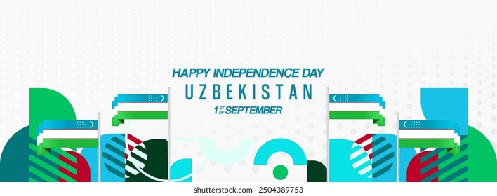 Uzbekistan National Day banner in modern geometric style. Wide background for national holiday with country flag and text. 1st September. Happy Independence Day of the Republic of Uzbekistan