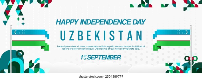 Uzbekistan National Day banner in modern geometric style. Wide background for national holiday with country flag and text. 1st September. Happy Independence Day of the Republic of Uzbekistan
