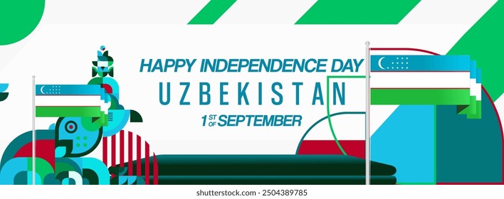 Uzbekistan National Day banner in modern geometric style. Wide background for national holiday with country flag and text. 1st September. Happy Independence Day of the Republic of Uzbekistan