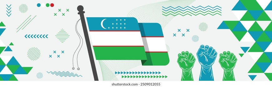 Uzbekistan National day. Uzbekistan flag with raised fists. Independence day design for Uzbek celebration. Modern retro design with abstract icons.