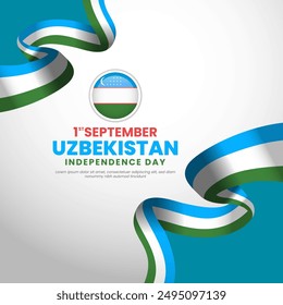 Uzbekistan National independence day greeting banner with waving national flag vector illustration