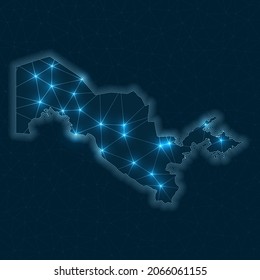 Uzbekistan network map. Abstract geometric map of the country. Digital connections and telecommunication design. Glowing internet network. Superb vector illustration.