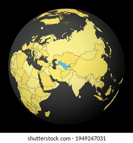 Uzbekistan on dark globe with yellow world map. Country highlighted with blue color. Satellite world projection centered on Uzbekistan. Elegant vector illustration.