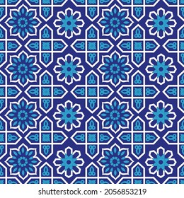 Uzbekistan ornament - architectual islamic ornaments, cobalt blue background. Traditional art in Central Asia.  