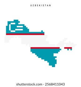 Uzbekistan pixel flag map icon. 8 bit pixel art Uzbek map covered with flag. Flat vector illustration isolated on white background.