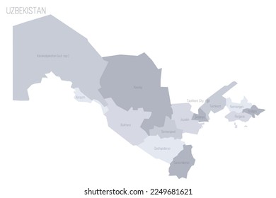 Uzbekistan political map of administrative divisions - regions, autonomous republic of Karakalpakstan and independent city of Tashkent. Grey vector map with labels.