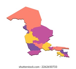 Uzbekistan political map of administrative divisions - regions, autonomous republic of Karakalpakstan and independent city of Tashkent. Isometric 3D blank vector map in four colors scheme.