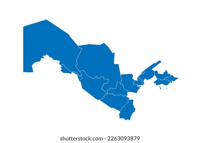 Uzbekistan political map of administrative divisions - regions, autonomous republic of Karakalpakstan and independent city of Tashkent. Solid blue blank vector map with white borders.