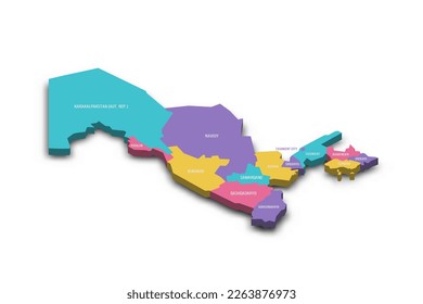 Uzbekistan political map of administrative divisions - regions, autonomous republic of Karakalpakstan and independent city of Tashkent. Colorful 3D vector map with dropped shadow and country name