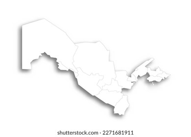 Uzbekistan political map of administrative divisions - regions, autonomous republic of Karakalpakstan and independent city of Tashkent. Flat white blank map with thin black outline and dropped shadow.