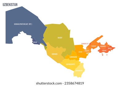 Uzbekistan political map of administrative divisions - regions, autonomous republic of Karakalpakstan and independent city of Tashkent. Colorful spectrum political map with labels and country name.