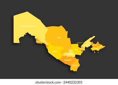 Uzbekistan political map of administrative divisions - regions, autonomous republic of Karakalpakstan and independent city of Tashkent. Yellow shade flat vector map with name labels and dropped shadow