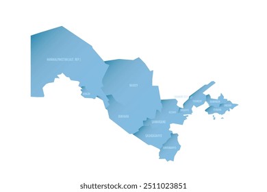 Mapa político de las divisiones administrativas de Uzbekistán: regiones, república autónoma de Karakalpakstán y ciudad independiente de Taskent. Mapa de Vector sombreado con degradado azul en 3D y etiquetas de nombre