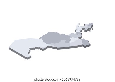 Uzbekistan political map of administrative divisions - regions, autonomous republic of Karakalpakstan and independent city of Tashkent. 3D isometric blank vector map in shades of grey.