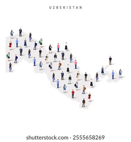Uzbekistan population map. Large group of realistic a diverse crowd of people figures in a shape of Uzbek map. Flat vector illustration isolated on white.