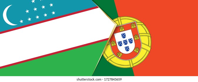 Uzbekistan and Portugal flags, two vector flags symbol of relationship or confrontation.