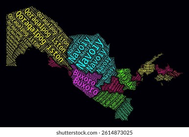 Uzbekistan Regions Word Clouds. Bright neon style design on dark background. Region names of the country in Uzbek language. Country shape with administrative division. Elegant vector illustration.