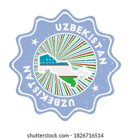 Uzbekistan round grunge stamp with country map and country flag. Vintage badge with circular text and stars, vector illustration.