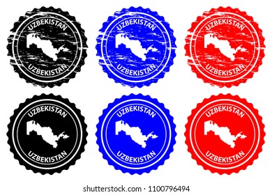 Uzbekistan - rubber stamp - vector, Republic of Uzbekistan map pattern - sticker - black, blue and red