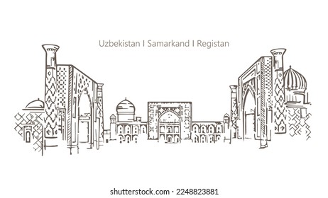 Uzbekistan, Samarkand, Registan. Architectural attraction. Vector image.