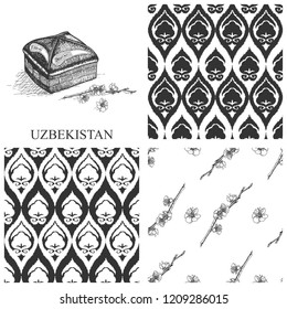 Uzbekistan set pattern sketch, traditional ornaments, traditional had. Black and white design vector illustration.
