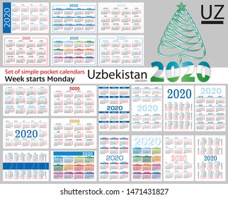 Uzbekistan set of pocket calendars for 2020 (Two thousand nineteen). Week starts Monday. New year. Color simple design. Vector