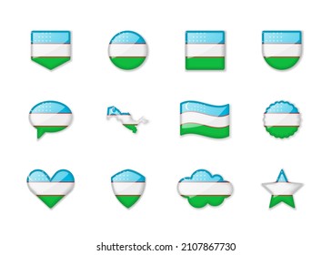 Uzbekistan - set of shiny flags of different shapes. Vector illustration