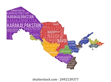 Uzbekistan shape. Country word cloud with region division. Uzbekistan colored illustration. Region names cloud. Vector illustration.