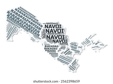 Uzbekistan shape text cloud. Country border with shadow on white background. Uzbekistan with regions division in vintage gazette style. Creative vector illustration.