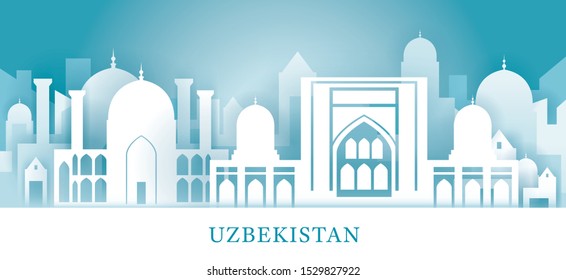 Uzbekistan Skyline Landmarks in Paper Cutting Style, Famous Place and Historical Buildings, Travel and Tourist Attraction