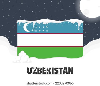 Uzbekistan snowy weather concept, cold weather and snowfall, Uzbekistan weather forecast winter banner idea, snow cap on flag with snowballs and moon, blizzard and adverse weather conditions
