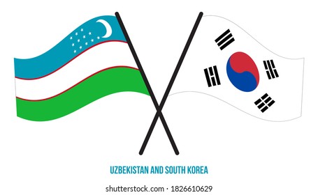 Uzbekistan and South Korea Flags Crossed And Waving Flat Style. Official Proportion. Correct Colors.