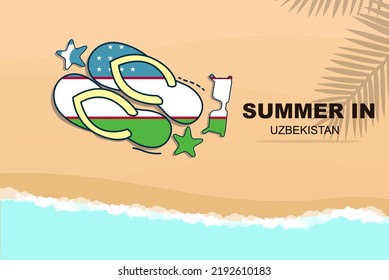 Uzbekistan summer holiday vector banner, beach vacation concept, flip flops sunglasses starfish on sand, copy space area, Uzbekistan summer travel and tourism idea with flag