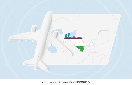 Uzbekistan Travel Illustration with Plane and National Flag. Ideal for travel agencies, promotional materials, or geographic content related to Uzbekistan.