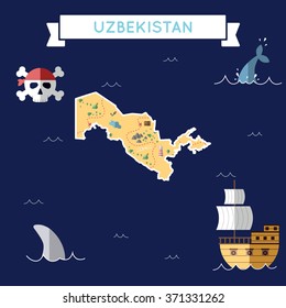 Uzbekistan treasure map in flat design. Colorful cartoon treasure map of Uzbekistan with flat design icons of pirate ship and jolly roger. Uzbekistan flat design vector illustration.