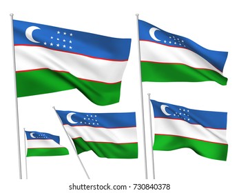 Uzbekistan vector flags set. 5 wavy 3D cloth pennants fluttering on the wind. EPS 8 created using gradient meshes isolated on white background. Five flagstaff design elements from world collection