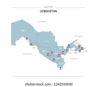 Uzbekistan vector map. Editable template with regions, cities, red pins and blue surface on white background. 