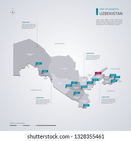 Uzbekistan vector map with infographic elements, pointer marks. Editable template with regions, cities and capital Tashkent. 