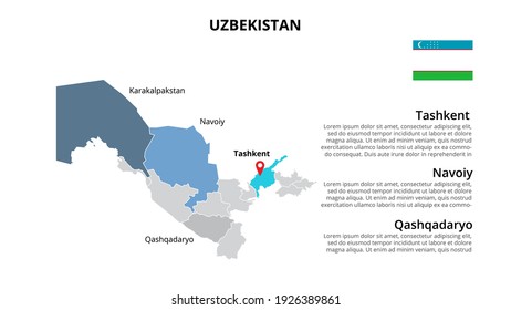 Usbekistan Vektor Map Infografik Vorlage geteilt durch Staaten, Regionen oder Provinzen. Präsentation verschieben.