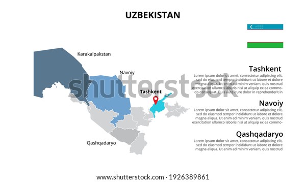 Uzbekistan vector map\
infographic template divided by states, regions or provinces. Slide\
presentation.