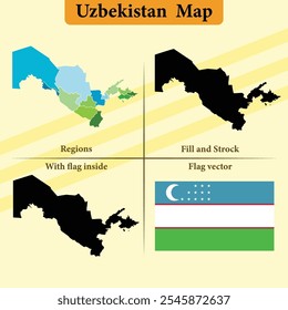 Uzbekistan vector map with regions black silhouette flag overlay and standalone flag ideal for educational materials infographics and design projects showcasing Azerbaijan geography and identity