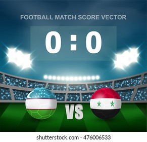 Uzbekistan vs Syria soccer ball in flag design on stadium background with scoreboard for Asia football qualify , Design for match template or banner in vector format